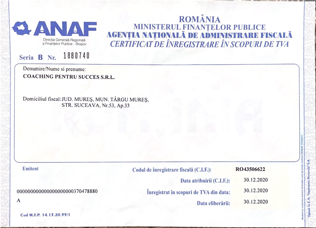 ÎNREGISTRARE IN SCOP TVA COACHING PENTRU SUCCES SR